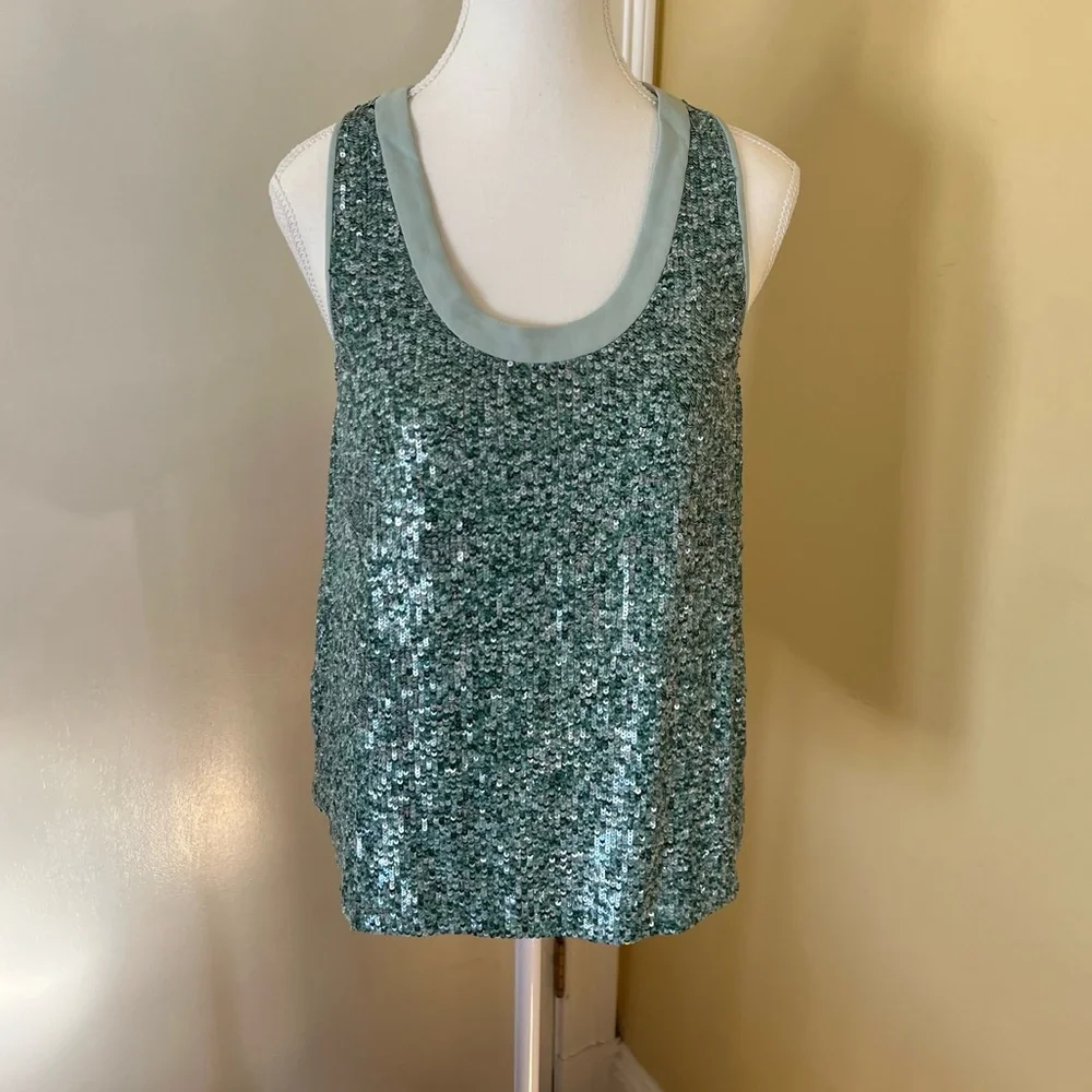 Diane Von Furstenberg Emilia Turquoise & Green Silk Marble Sequin Tank - Picture 6 of 16